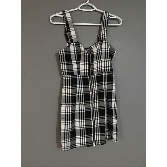 Forever 21 Black White Checkered Full Zip Adjustable Straps Fall Dress S - Picture 2 of 7